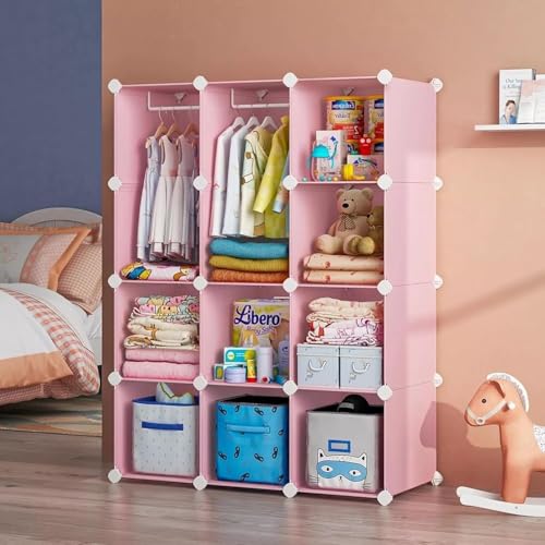 Image of Plastic Wardrobe for Kids, Baby Cupboard for Storage, 12 Cubes Almirah, Cupboard for Clothes, Collapsible Wardrobe for Baby Clothes /Toy /Book for Kids Bedroom -Pink -KTM2