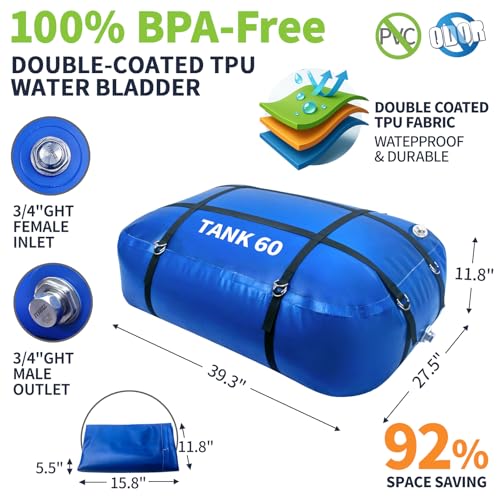 Image of TPU Water Storage Bladder, 60 Gallon Portable RV Fresh Water Tank, Food Grade BPA Free Collapsible Flexible Container for Drinking, Camping, Irrigation & Emergency-Hurricane, Drought, Fire (3 /4 inch GHT)