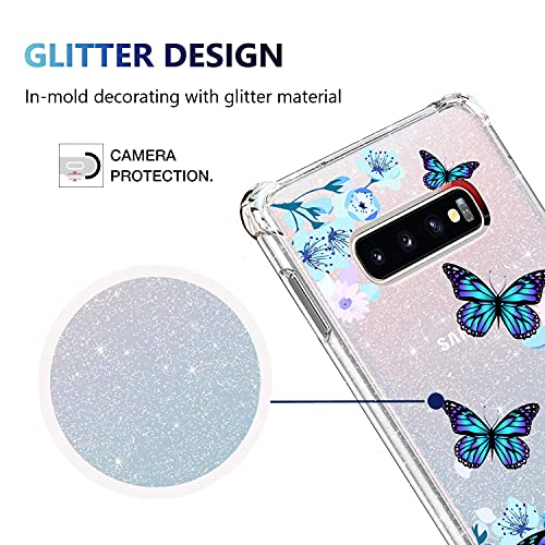 Kiomy Clear Glitter Case For Samsung Galaxy S10 Plus, Girls Women Bling Sparkly Shiny Luxury Cases With Flowers Butterfly Design Shockproof Bumper Protective Cell Phone Back Cover Slim Fit Flexible #TOP4