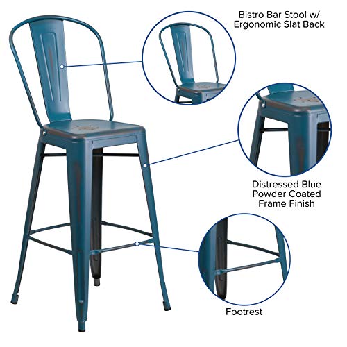 Merrick Lane Sabine 30" Metal Indoor-Outdoor Counter Stool With Vertical Slat Back And Integrated Footrest In Distressed Antique Blue #TOP3