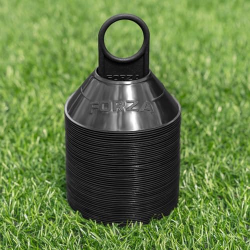 FORZA Mini Plots de Marquage pour Entraînement de Sport [Pack de 50/1000] | Cônes Durables et Polyvalents pour Le Football, Le Rugby et Plus | Support de Transport (Pack de 50, Noir)