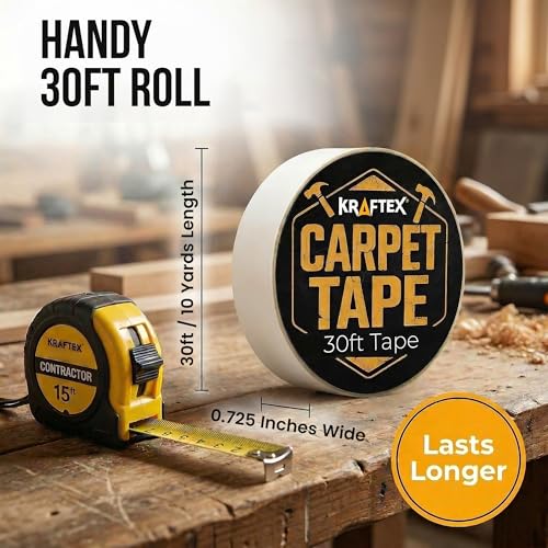 Double-Sided Carpet Tape for Area Rugs, 10 Yards x 0.725in. Rug Tape Hardwood Floor no Damage, Heavy Duty and Double Sided for Carpet, Tiles, Concrete and More. Use Indoors or Outdoor