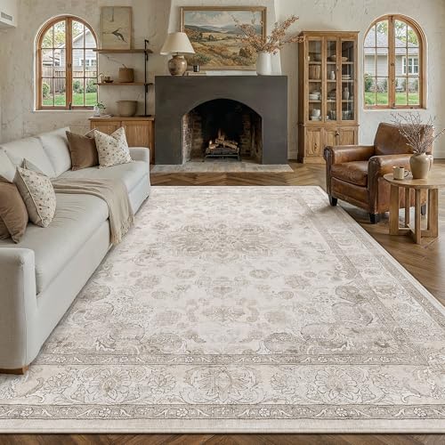 PureCozy Beige 9x12 Washable Area Rug Living Room Vintage Distressed Carpet