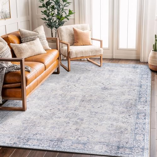 Rugshop Ocean/Blue Transitional Vintage Bordered Area Rug — Machine Washable, 5' X 7' for Living Room, Bedroom and Home Office