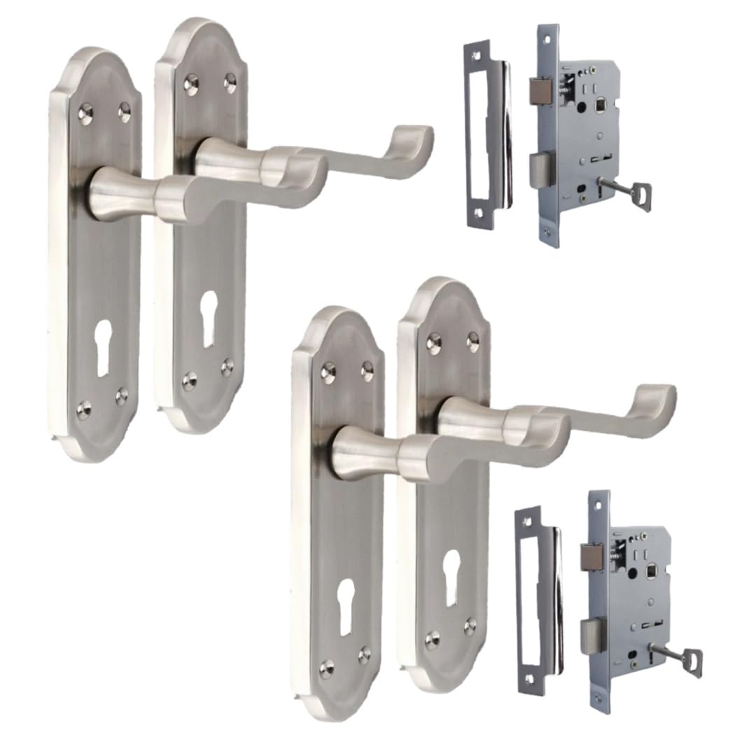 Epsom Door Handle Victorian Style Satin Nickel Internal Lock Door Handle Sets – Lever on Backplate – Includes 3 Lever Mortice Sash Lock – 2 Pairs