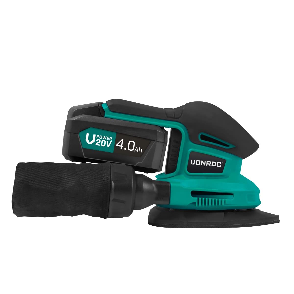 VONROC Ponceuse delta sans fil 20V – Patin triangulaire – Batterie 4.0Ah + chargeur inclus – Avec sac à poussière et 6 feuilles abrasives – Compacte et légère