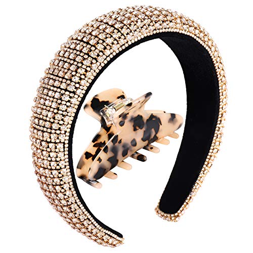 Padded Rhinestone Headband Wide Bejewelled Hairband Baroque Statement Velvet Hair Band Party Headpiece Hair Claw Clips Hair Accessories For Women Girls (gold)