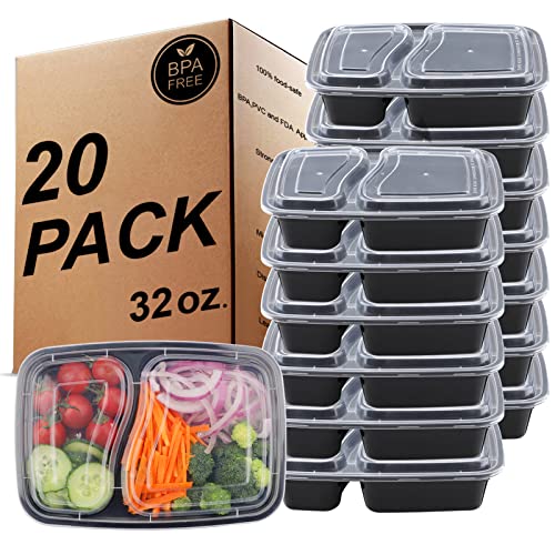 KINGHON 2 Compartimentos Meal Prep Containers -Almacenamiento de alimentos reutilizable sin BPA con tapas herméticas,Congelador, microondas y lavavajillas,Fiambreras Bento[20 piezas,32 oz]