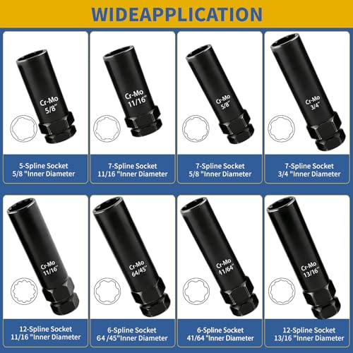 Image of 8 Piece Spline Lug Nut Socket Set, SAE & Metric Wheel Lock Removal Kit for Removing Spline and Hex Style Aftermarket Lug Nuts