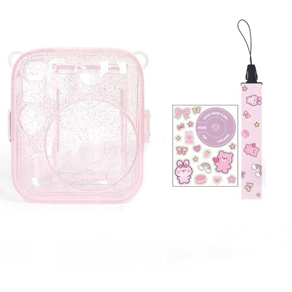 Transparent Glitter Camera case Compatible with Fuji-Film Instant Mini 13 ONLY - mini 13 Camera case, Cute Pattern Shoulder Strap and Pattern Stickers (NO Camera)- Candy Pink-image-25