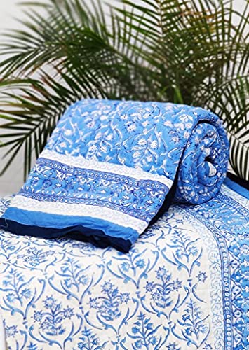 India Meets India Handmade Quilt/Blanket/Comforters, Jaipuri Rajai [Blue], Lightweight Quilt w/Reversible Floral Pattern, 100% Pure Cotton Quilt, Single Bed Quilt w/ 60 x 90 INCHES