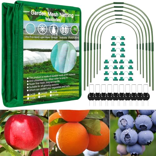 Garden Mesh Netting Kit 10 x 20 FT Garden Netting for Raised Beds with 6 Pcs Garden Hoops & 16 Pcs Garden Clips - Protect Your Climbing Plants Vegetables and Fruits from Animals and Birds