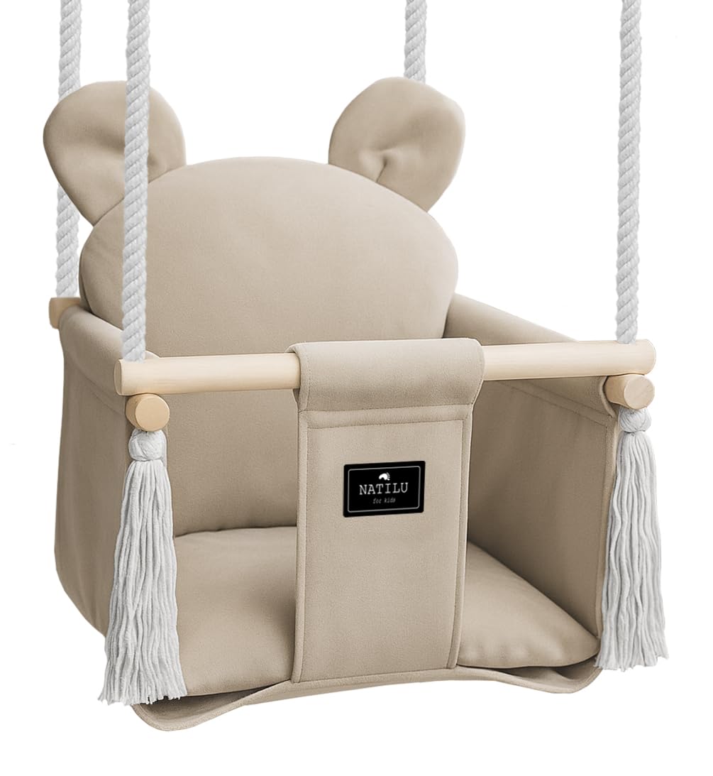 Altalena per bambini Bear Light Beige | altalena in legno per bambini | altalena con orsacchiotto | prodotto nell'Unione Europea