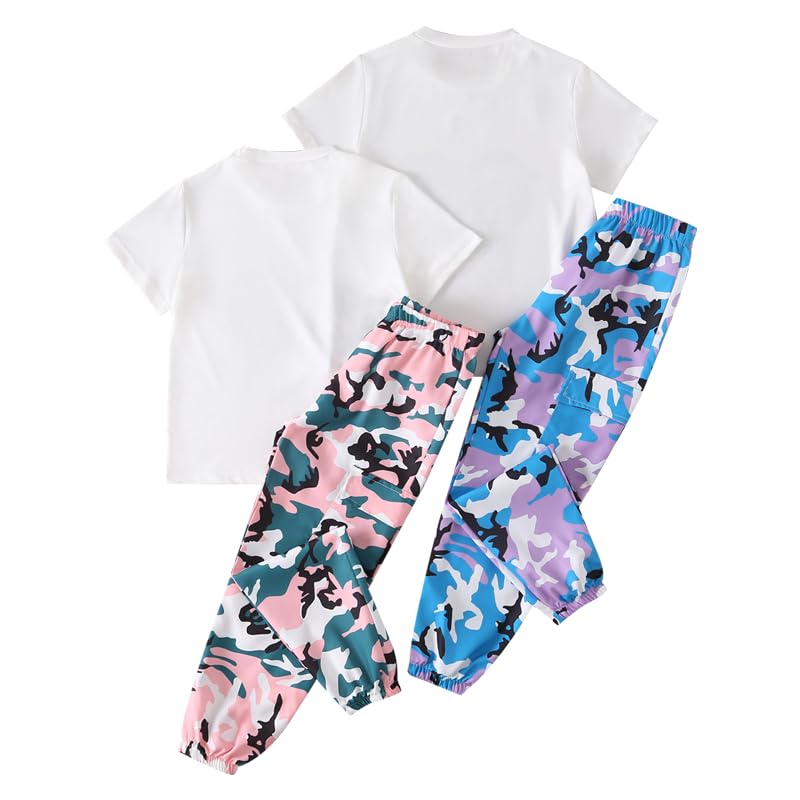 Image of Girls 6 Piece Outfits Casual Cargo Jogger Pants and Basic Love Graphic Print Short Sleeve Top Set 4-12 Years