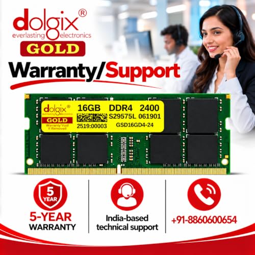 Image of Dolgix Gold 16GB DDR4 Laptop RAM 2400MHz | Notebook RAM CL-17 (Memory) (2Rx8 Dual Rank) SO-DIMM | PC4-19200 | 5 Year Warranty (Made in India)