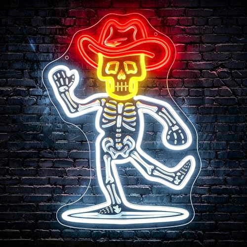 Image of Cowboy Skeleton Neon Sign for Wall Decor Skull Light Up Sign Hallowmas Led Signs for Room Party Home Wall Decor USB Powered