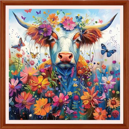 Image of Foxhool Stamped Cross Stitch Kits,11CT Printed Cross Stitch Pattern Full Embroidery Kits for Beginner Needlepoint Kits&Cattle Rainbow Flowers 18x18 inchs
