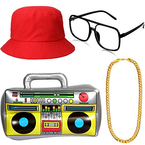 Hip Hop Costume Kit, Inflatable Boom Box Bucket Hat Sunglasses Gold Chain 80s/ 90s Rapper Accessories (Red)