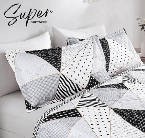 Image of Amazon Brand - Umi 100% Cotton Quilted /Ultrasonic 280 Tc Printed King Size Soft Bed Cover /Bedsheet /Bedspread Comforter with 2 Pillow Shams /Cover, (Luxurious, 90 x100 inches, White & Grey & Black)