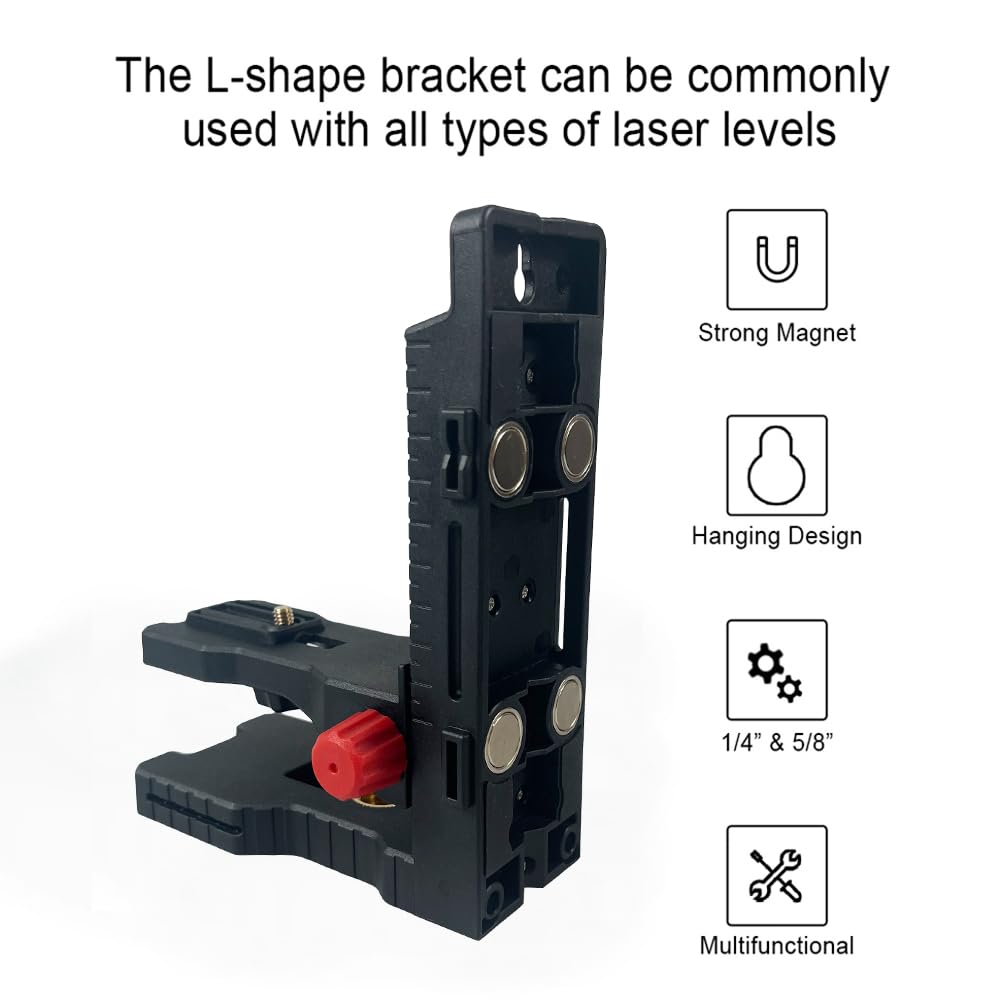 DJ800 Staffa di regolazione fine per livelli laser a linee e punti, filettatura maschio 1/4"-20 Base girevole magnetica a forma di L con supporti filettati femmina da 1/4"-20 e 5/8"-11 sul fondo per