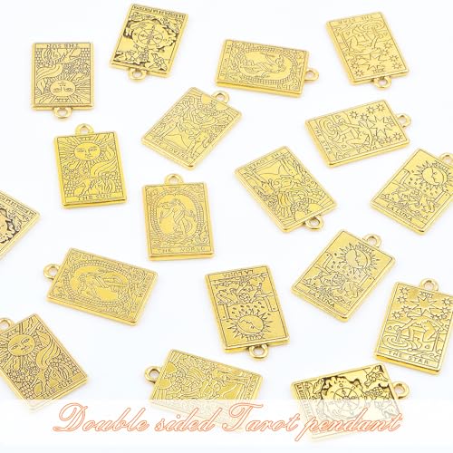 JMKTOOL 24 peças pingentes de tarô dourado antigo liga retângulo roda da fortuna sol boa sorte amule