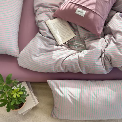 Image of Striped Duvet Cover Set Washed Cotton,King(104 inchx90 inch),Pinstripes Lavender