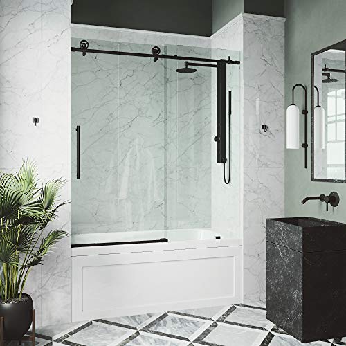 Vigo Adjustable 56-60 In. W X 66 In. H Elan Cass Aerodynamic Frameless Sliding Tub Door With Clear Glass And Stainless Steel Hardware In Matte Black Finish With Reversible Handle - Vg6044Mbcl6066 #TOP3
