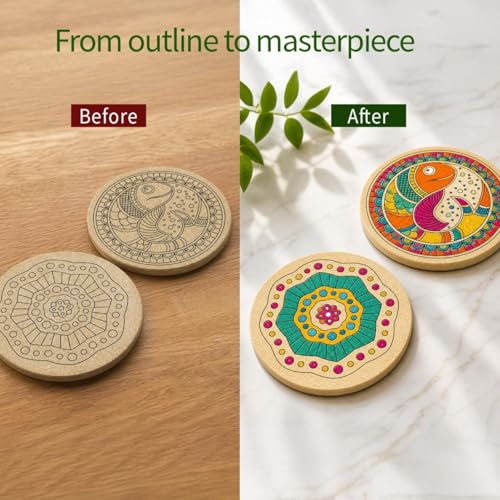 Image of Mind Pilot Art & Craft Kit for Kids & Adults | 3-in-1 Indian Painting Kit | Mandala, Madhubani & Pichwai | 6 Pre-Marked Wooden Coasters | 12 Colours | DIY Gift Set | Ages 8+