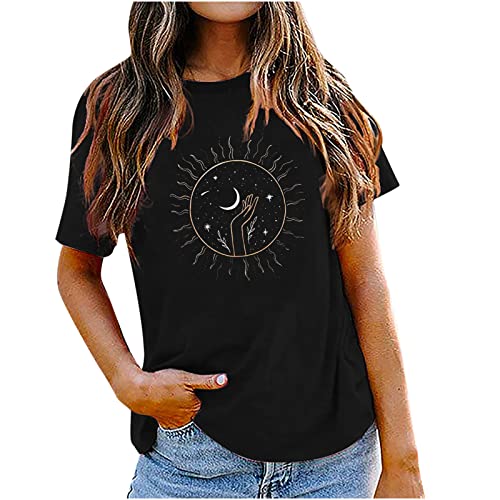 Summer Black Tops for Women Casual Short Sleeve T Shirt Vintage Sun and Moon Graphic Tees Comfy Crewneck Blouse Tunic