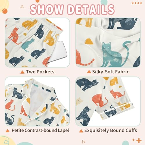 Small Cute Cat Satin Summer Pajama Sets Silk Short Sleeve Button Down Sleepwear3