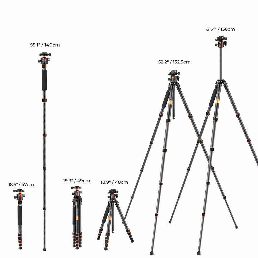 K&F CONCEPT Trípode Cámara de Carbono Compacto con Rótula de Bola 360°Compatible con Cámara DSLR, Carga Máxima: 15KG (A255C2+BH-36L) | Rótula de Bola 360°, Compatible con Cámara DSLR, Carga Máxima: 15KG, A255C2+BH-36L