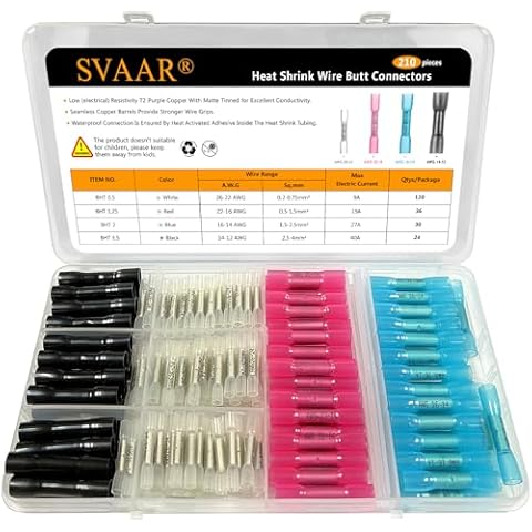 26-12 Gauge Heat Shrink Butt Connectors 210 PCS Pre-Insulated Butt Splice Connectors Heat Shrink Wire Connectors, 26-12 AWG Marine Grade Waterproof Butt Splice,Tinned Copper Crimp Butt Terminals Cover