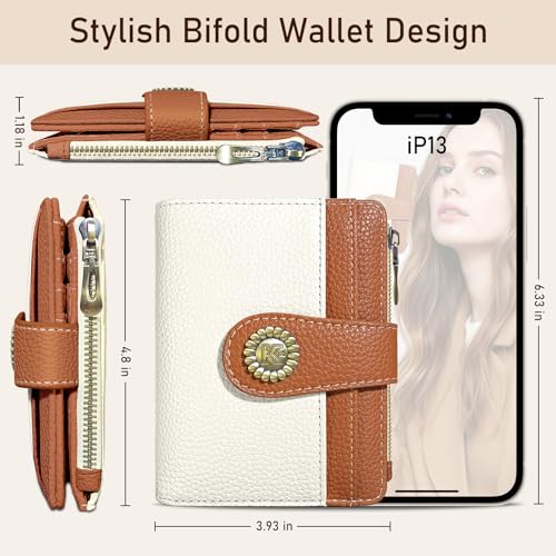Image of Kelvoris Small Rfid Women Wallet Bifold Zipper Coin Pocket White and Brown | PU Leather Compact Cash Credit Card Holder Travel Purse for Female Ladies Teen Girls 1 ID Window 10 Card Slots