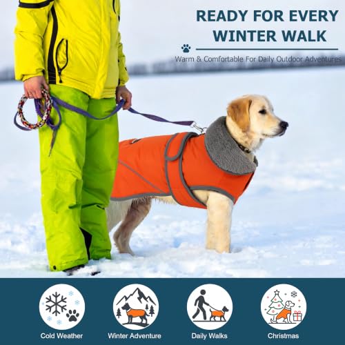 Image of Dogcheer Dog Coat, Waterproof Dog Jacket Reflective Pet Winter Coat with Adjustable Hook & Loop, Christmas Puppy Fleece Jacket Warm Turtleneck Snowsuit for Small Medium Large Dogs - Orange, M