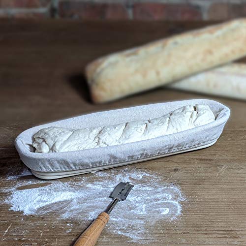 Oblong Bread Proofing Banneton Basket Includes Linen Liner and Bread Lame with Replacement Blades for Breads with a Spiral Pattern on the Crust