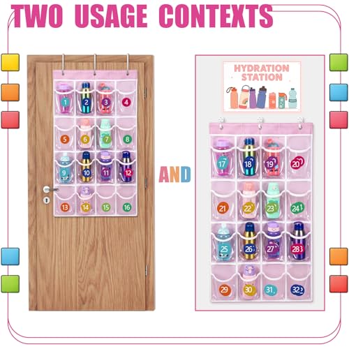 2-Pcs-Water-Bottle-Organizer-for-Classroom-32-Holders-over-the-Door-Storage-Rack-for-Cup-and-Various-Sizes-with-Hydration-Station-Sign-StickerPVCClassicPink