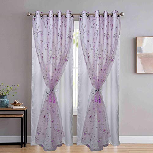 Image of 2 in 1 Embroidery Transparent Polyester Floral Door Curtain with 80% Blackout Curtain, Set of 2(7 Feet, Pink Embroidery + White Blackout)