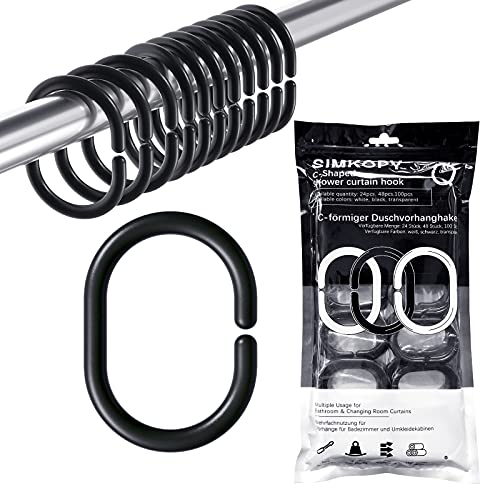 Duschvorhangringe 24 Stück,Duschvorhang Haken Schwarz,Ringe für Duschvorhang in C-Form für Duschfensterstange,Aus Stabilem Kunststoff Duschvorhang Ringe,Duschringe für Duschvorhangstangen Cover
