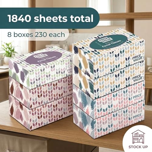 Image of Price Value Facial Tissues, Soft Facial Tissue - 8 Boxes, 230 Sheets Per Box (1,840 Total Sheets), Gentle & Durable Tissue Boxes Bulk for Home, Office & Travel (Pack of 2)