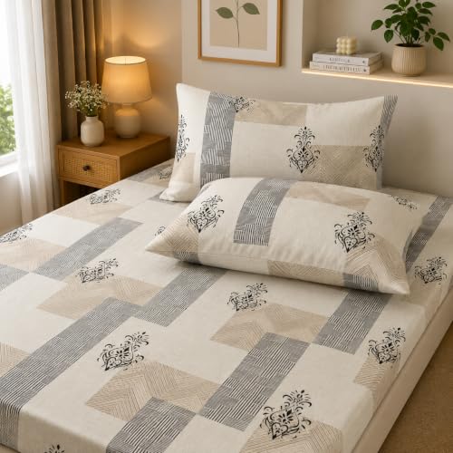 Image of 400 TC Cotton Feel Fully Elastic Fitted Bedsheet Queen Size Set || Includes 1 Elastic Bedsheet for Queen Size Double Bed with 2 Pillow Covers (60 inch x 78 inch inches, Beige)