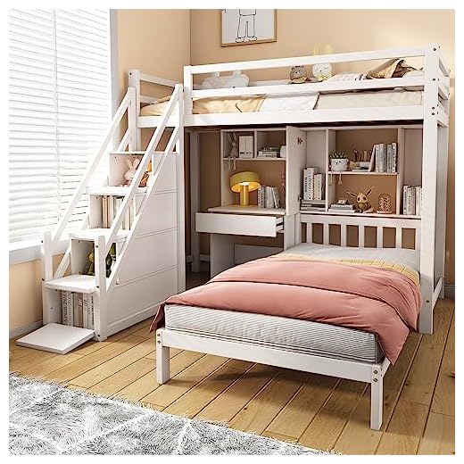 Gelukueub Wood House Bunk Bed 90 * 190 cm, Bunk Bed for kids, Multifunctional Children's Bed, Double Bed, Storage Space Function, With Desk And Shelves, With Slatted Frame, White