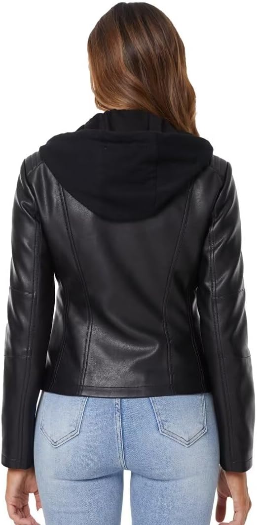 DIASHINY Faux Leather Jacket For Women Removable Hooded Moto Biker Outwear Coat - Image 3