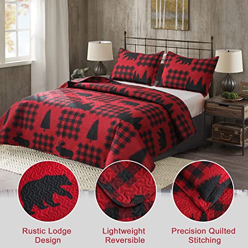 Quilt Set Queen Size Rustic Bedding Set Red Black Buffalo Plaid Patchwork Bedding Rustic Quilt Bedspread Country Cabin Lodge Bear Quilt Bedding Soft Lightweight Reversible Plaid Quilt Bedding #TOP1