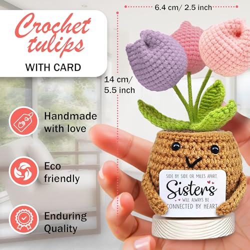 Image of VELENTI Crochet Sunflower Sister Gift - Handmade Flower Pot Plush with inchConnected by Heart inch Message, Long Distance Sister Gift, Cute Sisters Birthday Present, Sentimental Keepsake Decor