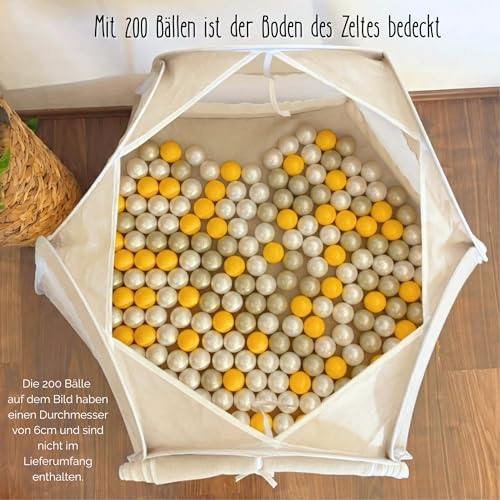 LIONHERZ® DAS ORIGINAL 2in1 Bällebad-Spielzelt für Kinder aus Baumwolle/Hanf [115x93cm] Pop-up Kinderzelt [faltbar & atmungsaktiv] Baby Ballzelt & Spielhaus Indoor | Jungen & Mädchen (Cremeweiß)