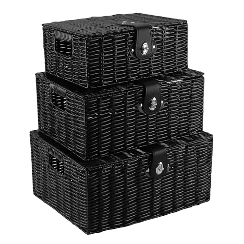 Image of JIAYUET Set of 3 Resin Woven Storage Baskets with Lid and Lock, Large Medium Small, Decorative Organisation Boxes for Home Bathroom Bedroom Wardrobe