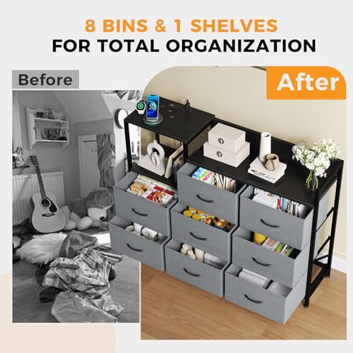 Image of NEWBULIG Dresser TV Stand with 8 Fabric Drawers and 1 Shelf, Wooden Top TV Media Console Table for Up to 45 inch, Entertainment Center with Charging Station for Living Room Bedroom, Grey