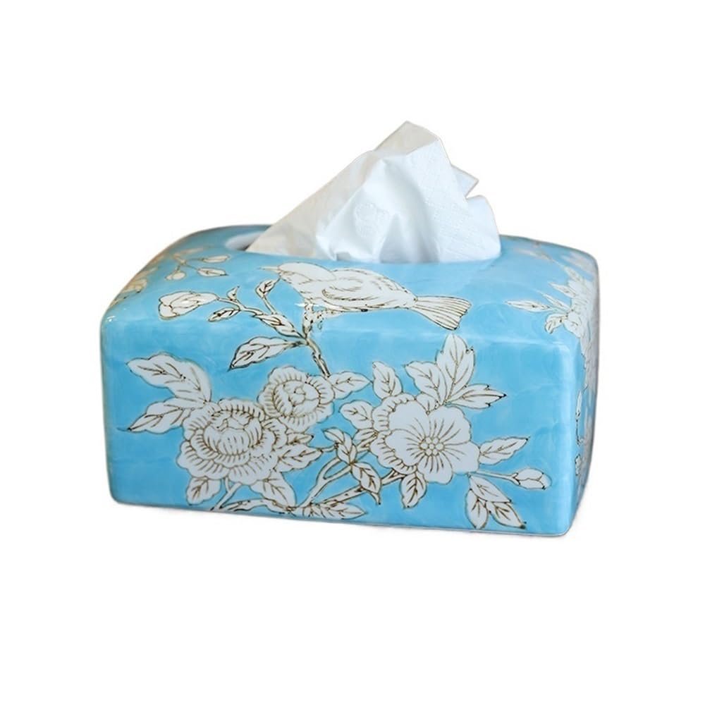 Tissue Case Chinese Style Tissue Box Holder Ceramics Dispenser for Facial Napkins Dryer Sheets Perfect for Bathroom Desks Countertops Tissue Dispenser(Blue)