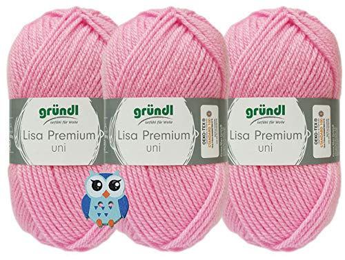 Gründl Lisa Premium Uni - Hilo para ganchillo (3 x 50 g, 100% poliacrílico, incluye 1 botón de búho)