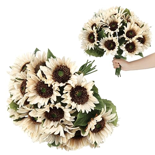 Hotop 24 Pcs Fall White Artificial Sunflowers Realistic Fake Sunflowers